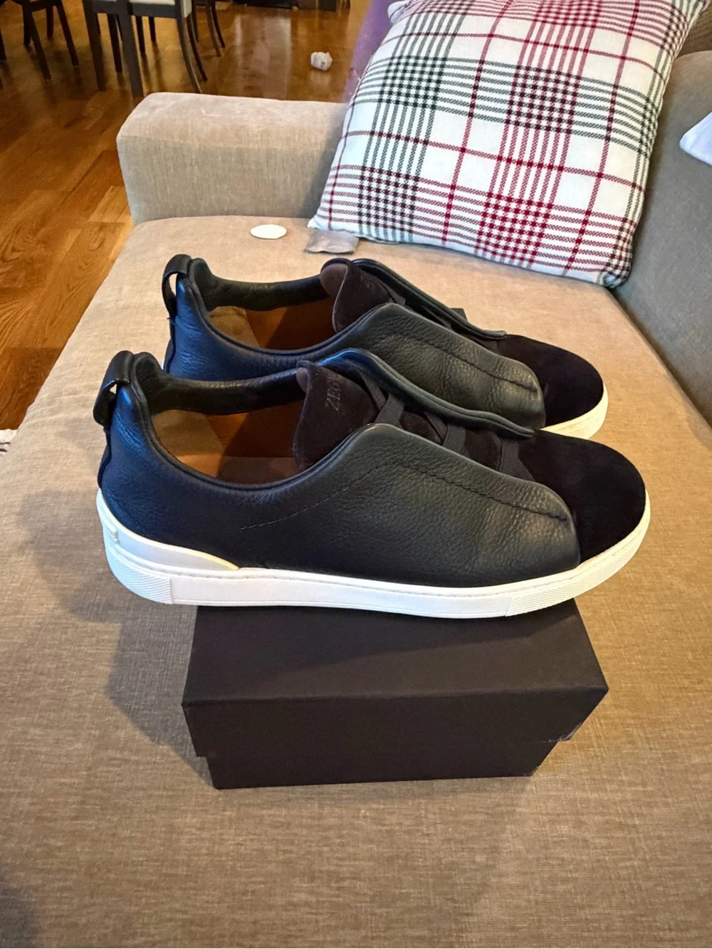 Zegna Men’s Navy Triple Stitch Leather&Suede Sneakers US10